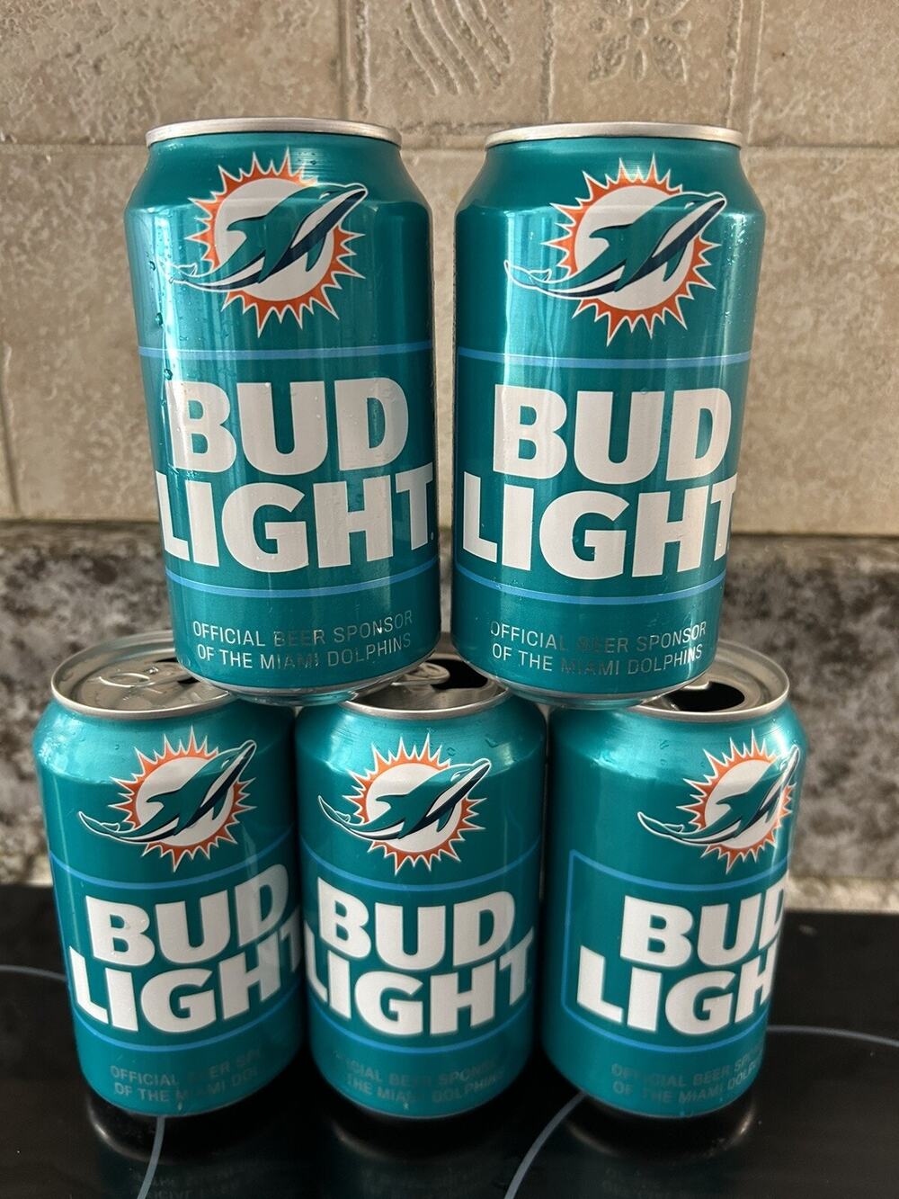 New Bud Light 2024 Miami Dolphins Beer Can (Set Of 5) Top Opened Mens Bar Gift